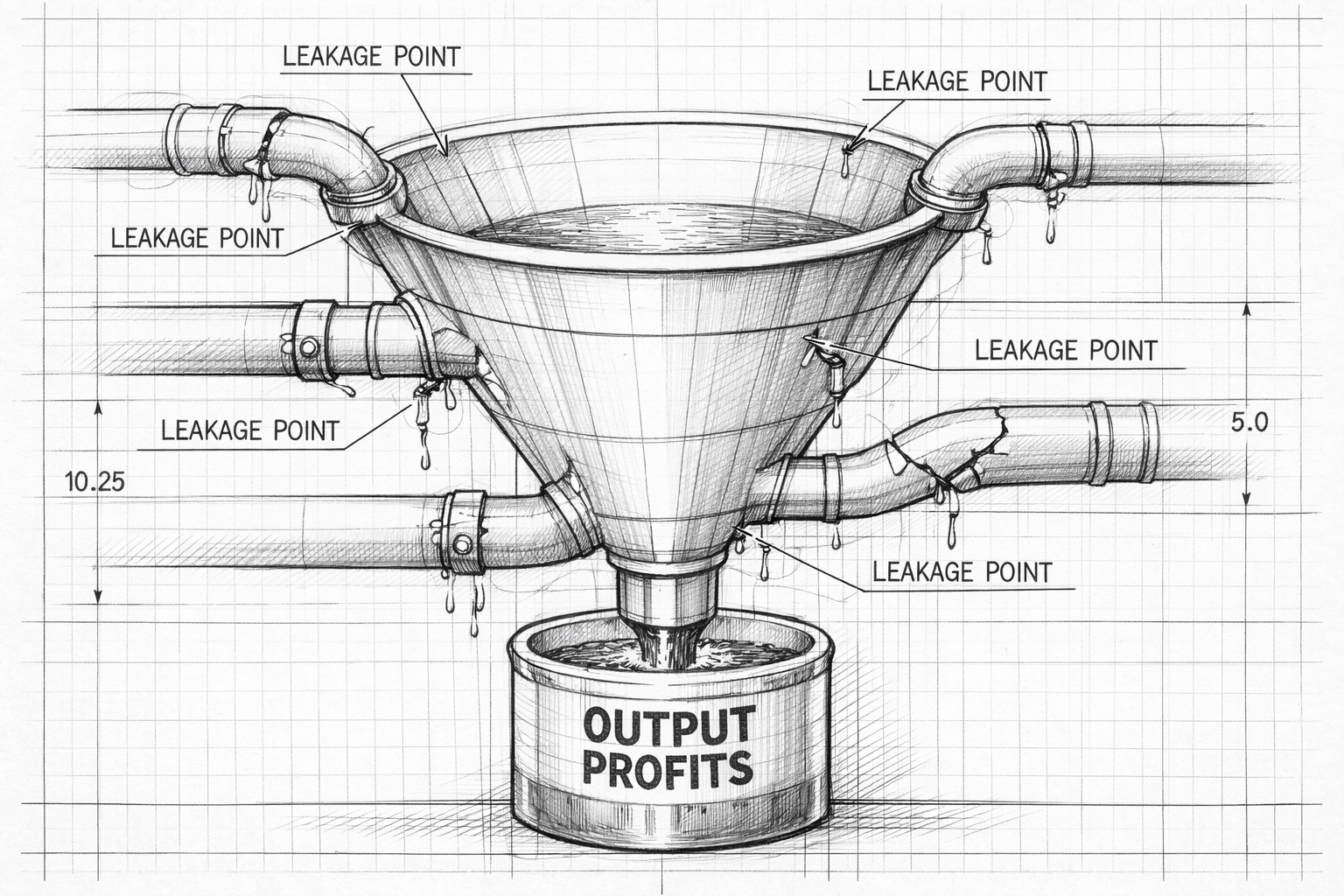 Technical drawing of a leaky funnel highlighting process gaps in sales pipeline automation.