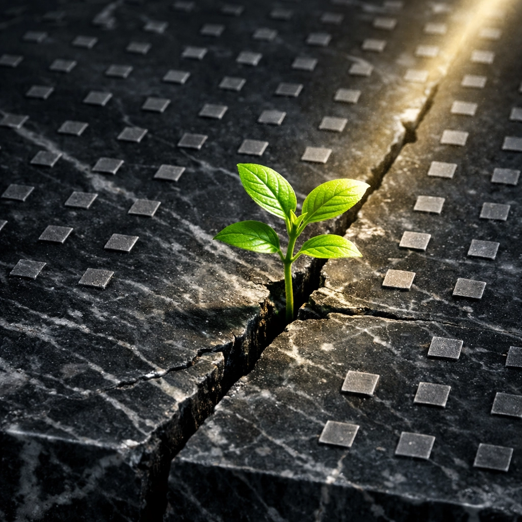 A sapling growing through stone, symbolizing business growth overcoming the weight of manual email triage.