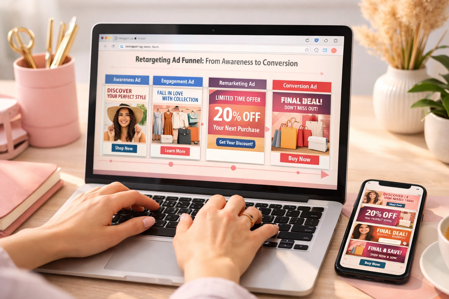 Retargeting ad sequences on laptop showing Facebook and Instagram lead generation strategy