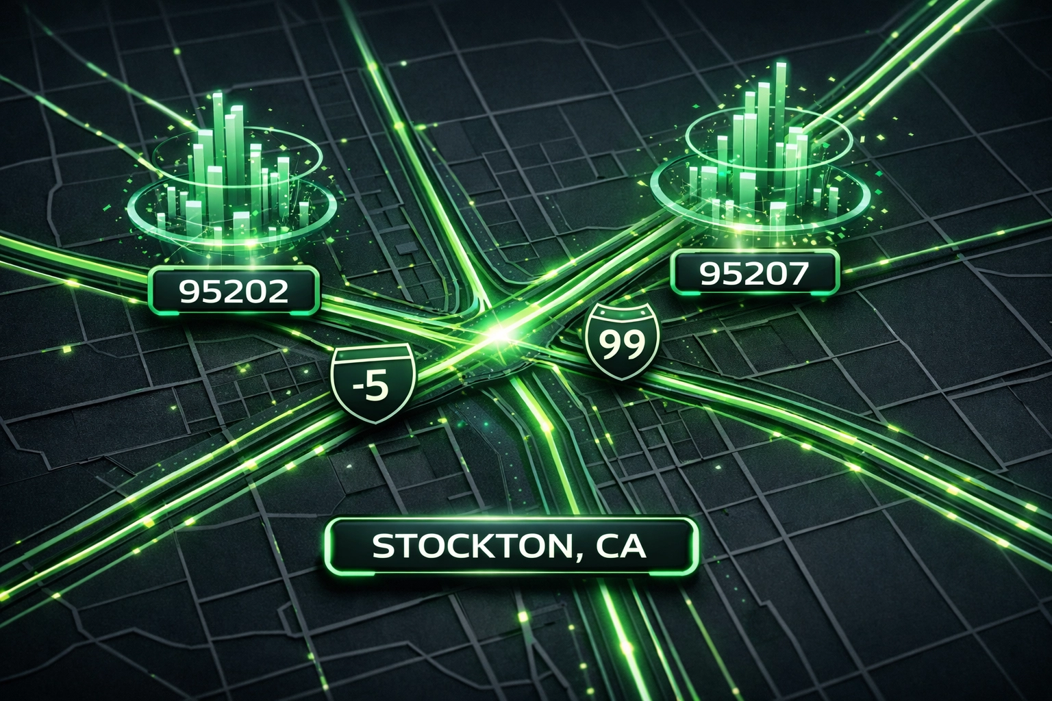 Digital map of Stockton CA showing I-5 and Highway 99 for towing business territory SEO.