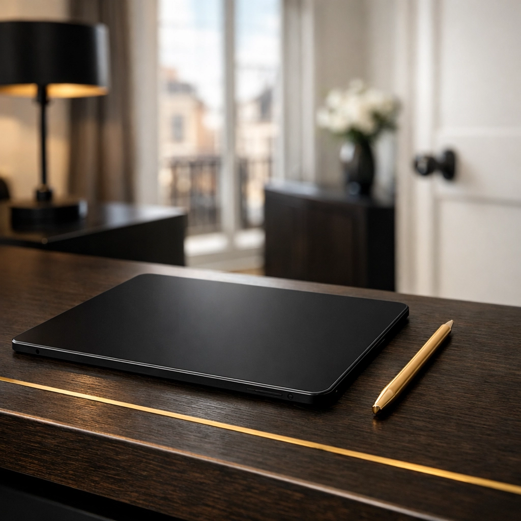 Digital property inventory tools on a desk in a London flat, ensuring accurate check-out documentation.