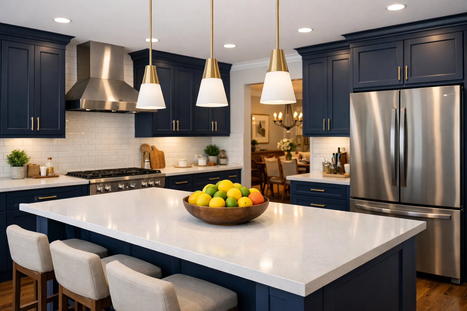 Modern Orlando kitchen remodel with navy blue shaker cabinetry and bright quartz island.