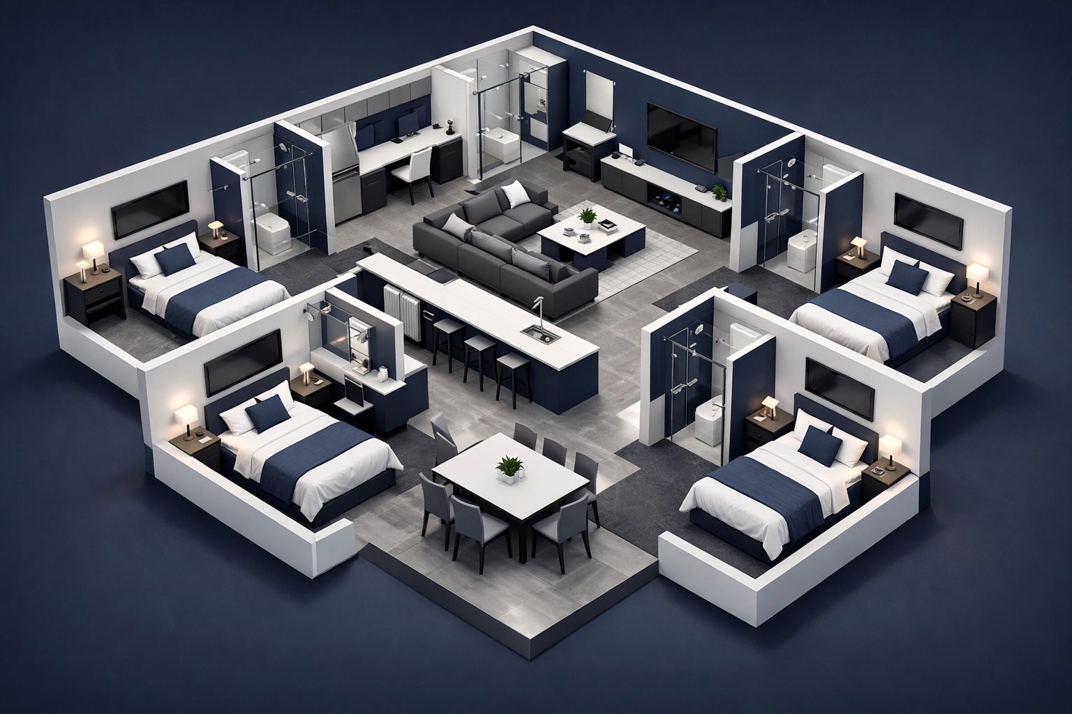 Modern co-living property layout with five private suites to maximize rental income and cash flow.