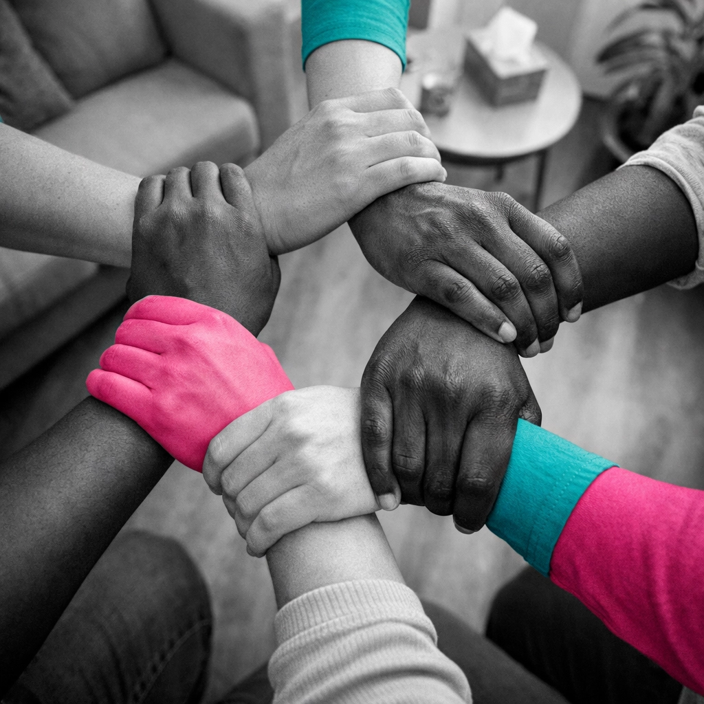 Diverse hands forming supportive circle representing community mental health unity