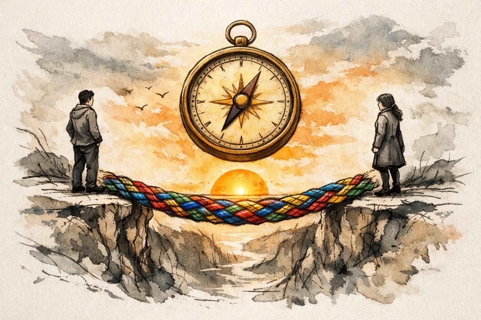 A sketch showing two people on a bridge with a compass representing DBT interpersonal effectiveness and communication.