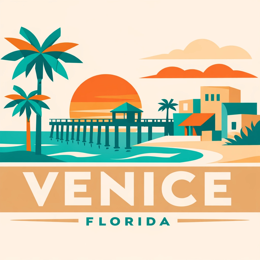 Venice Florida coastline with palm trees and local business buildings