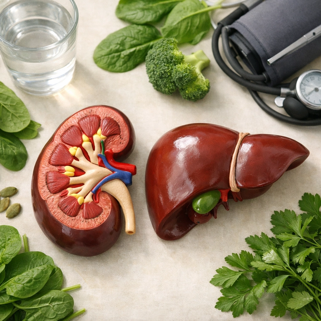 Kidney and liver models with healthy vegetables illustrating organ health and nutrition