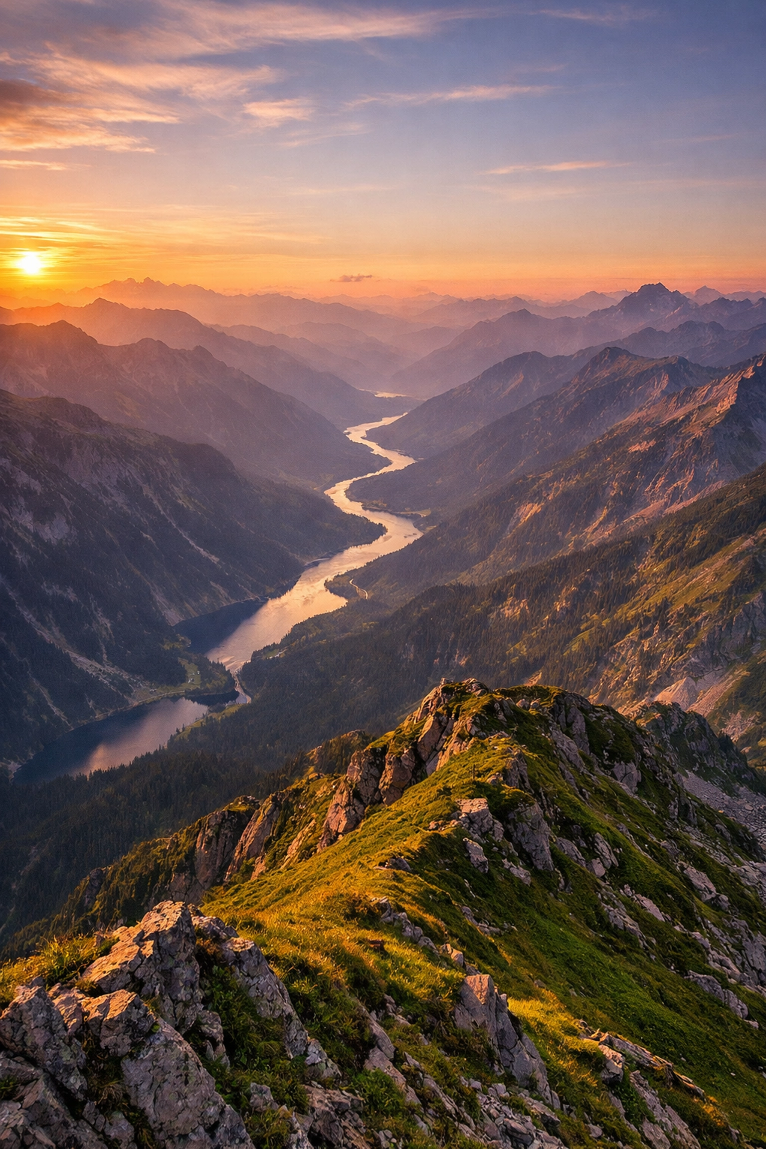 Dramatic ridge view across Lake District valleys and peaks during golden hour sunset
