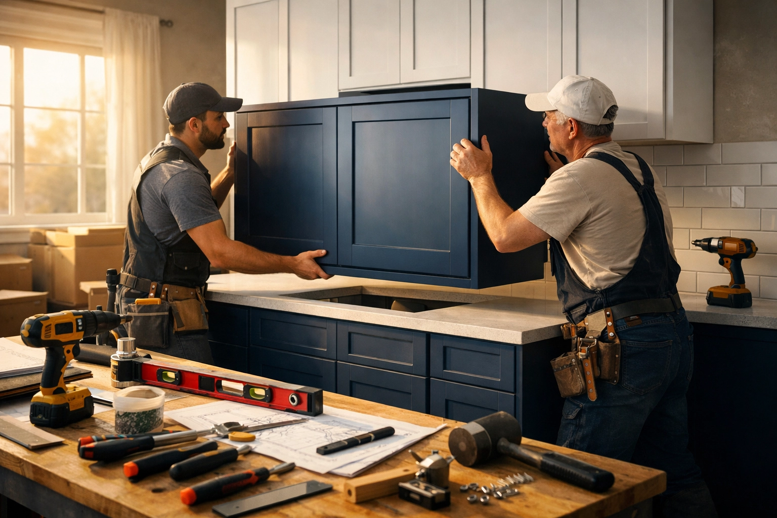 Professional installation of custom kitchen cabinets in bright modern kitchen space