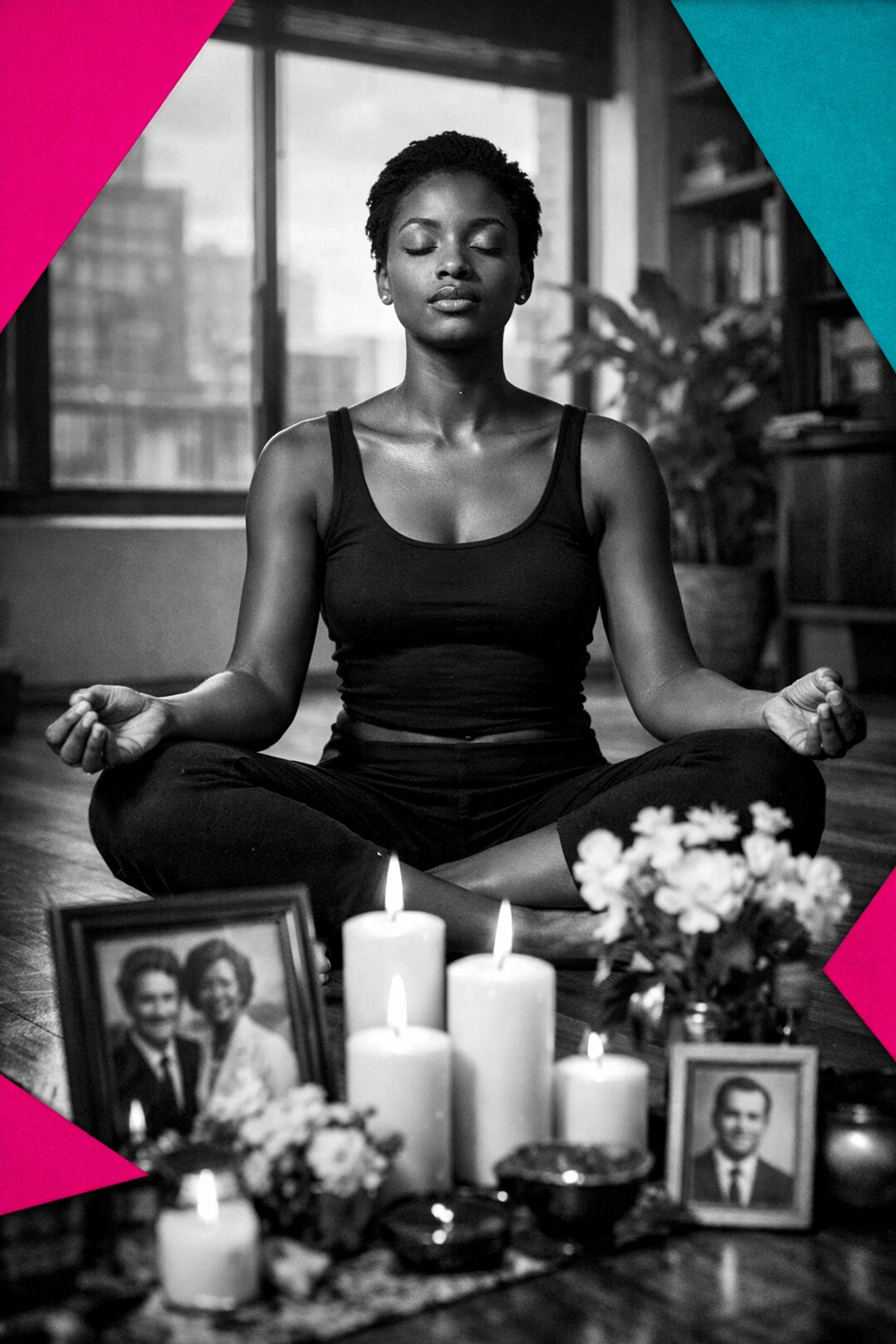 Woman meditating near ancestral altar in modern apartment