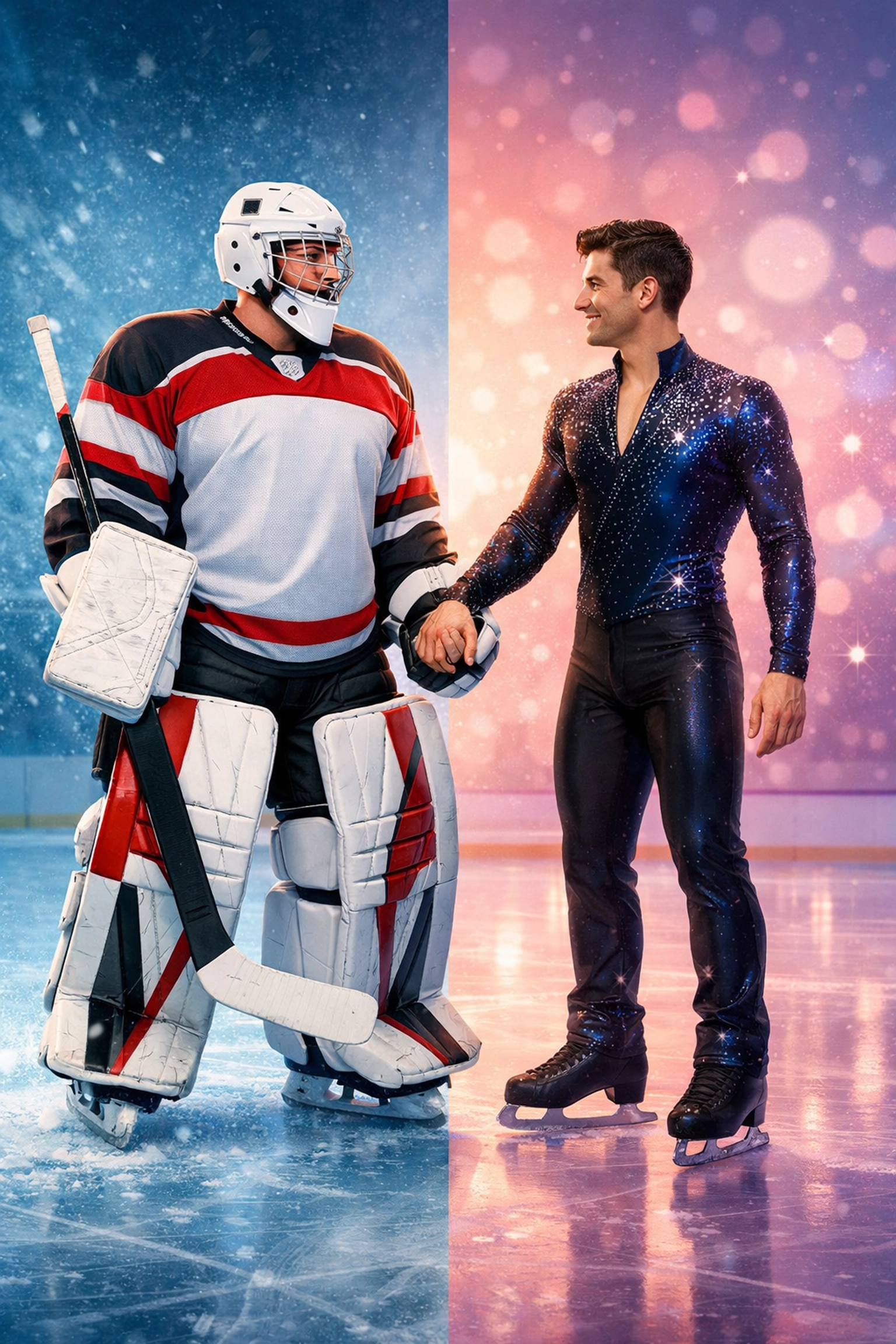 A gay hockey player and figure skater holding hands in an MM sports romance.