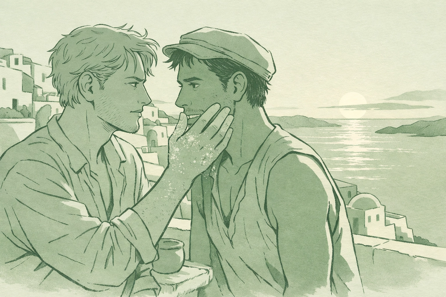 Artist and local fisherman share intimate moment on Greek island terrace at sunset - MM romance