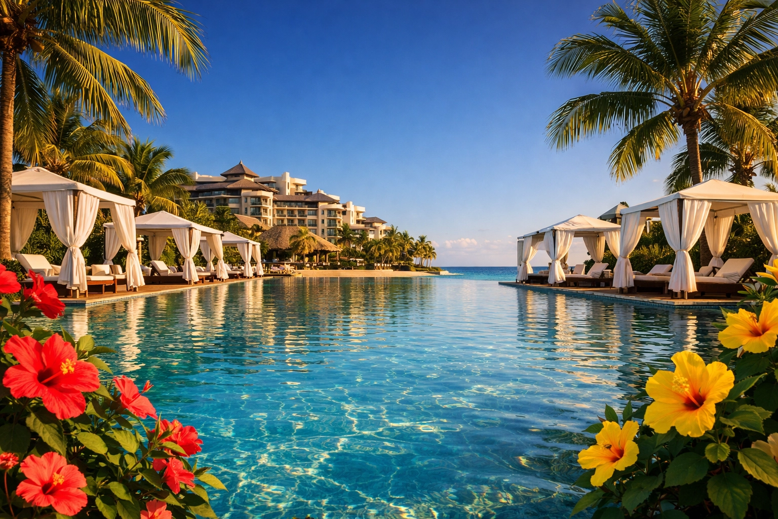 Infinity pool at a 5-star Cancun resort with white cabanas and lush tropical palm trees.