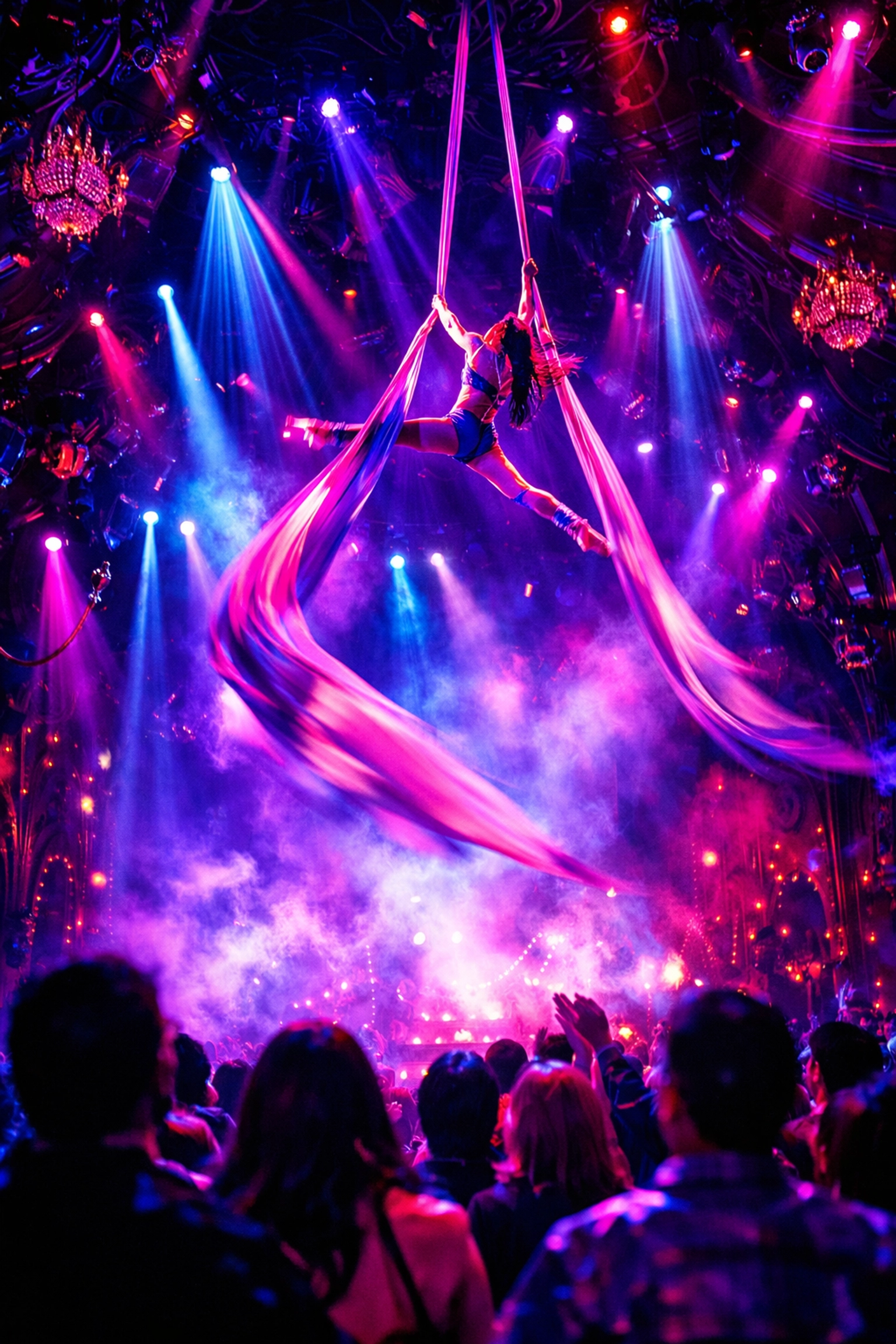 Cirque du Soleil acrobat performing on silk ribbons during Las Vegas show