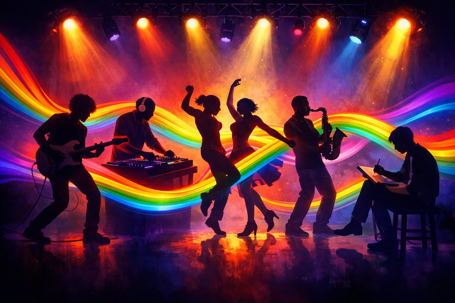 LGBTQ+ musicians and artists collaborating with rainbow light symbolizing Celine Dion's queer community