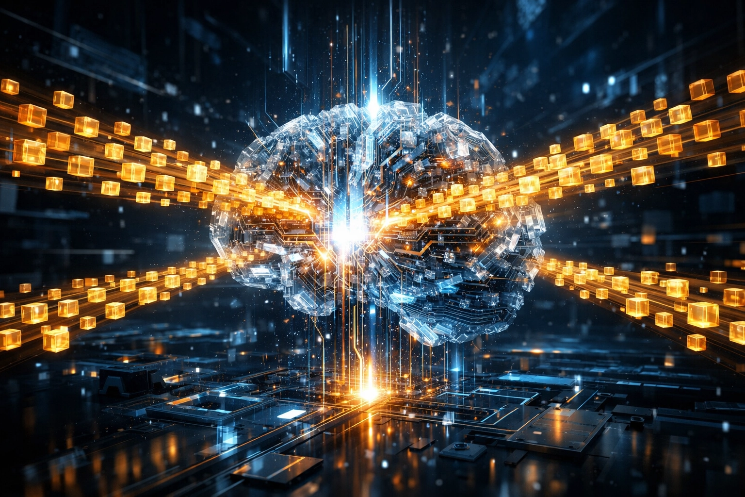A glowing data core representing how structured data and schema markup help websites rank in AI Overviews.