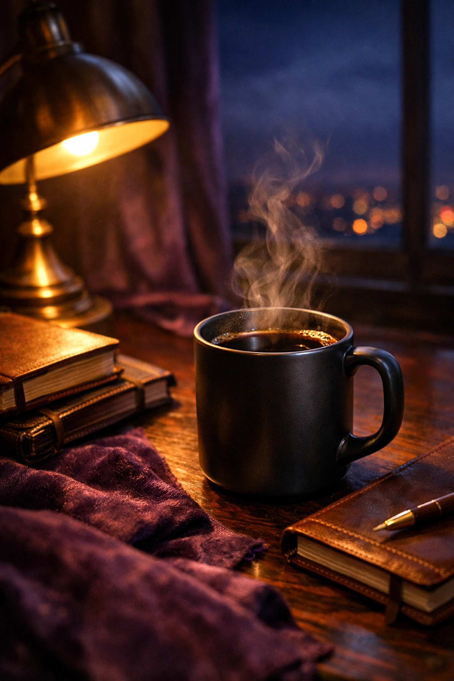 Midnight in a Cup: Why Deep Velvet is the Ultimate Roast for Your Most Intense Hours Steaming mug of ultra dark roast specialty coffee on a luxury desk for a focused late-night ritual.