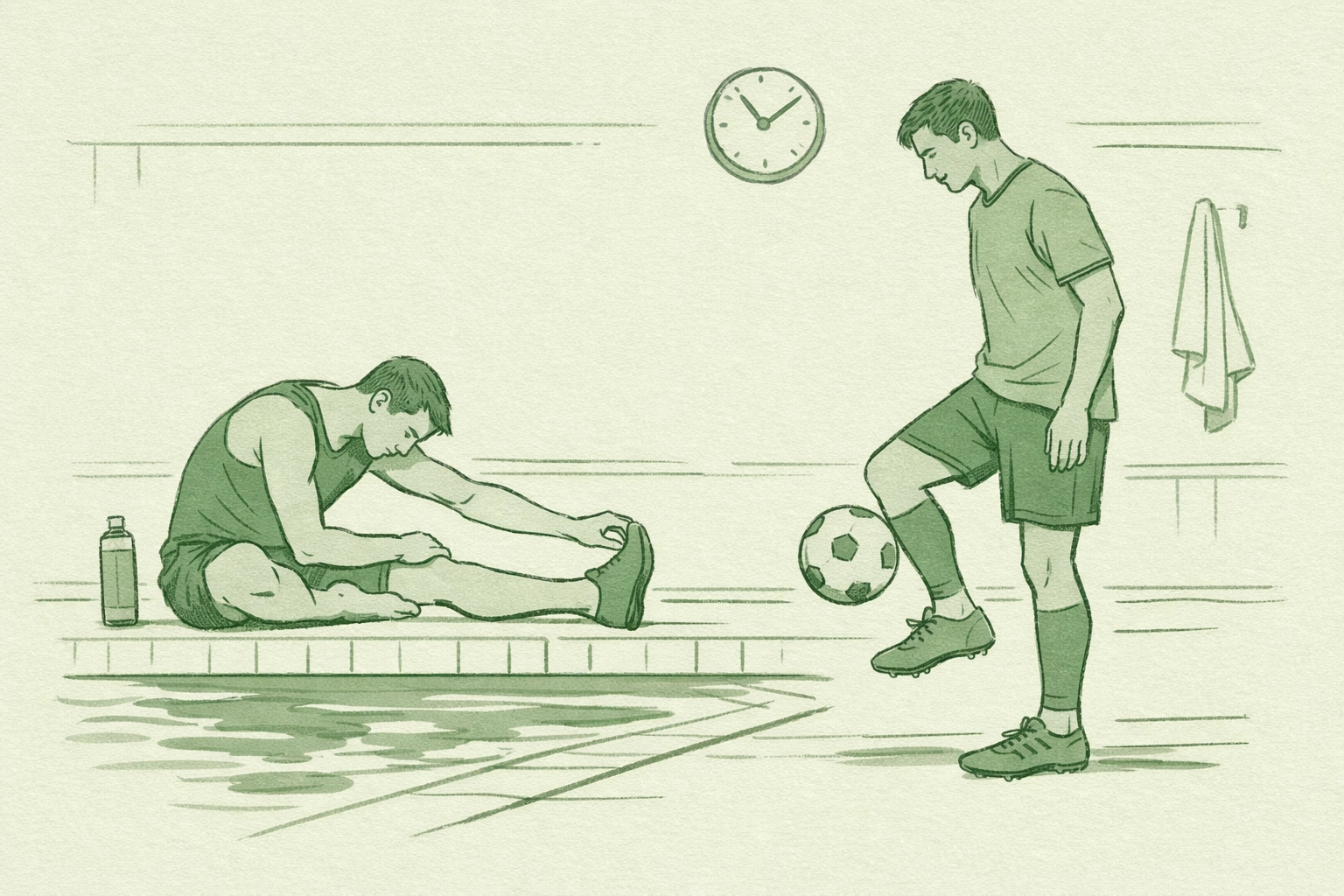 Gay athletes training together - footballer and swimmer showing mutual dedication