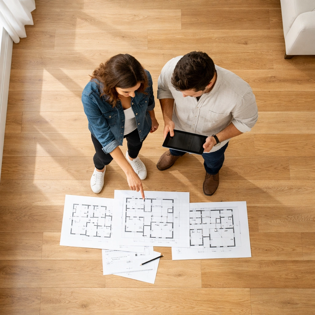 First time buyers reviewing property floor plans in empty home