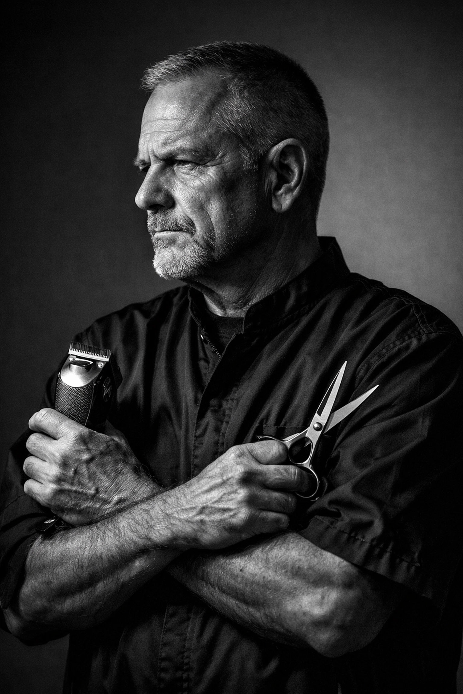 Veteran barber student holding professional clippers and scissors after training