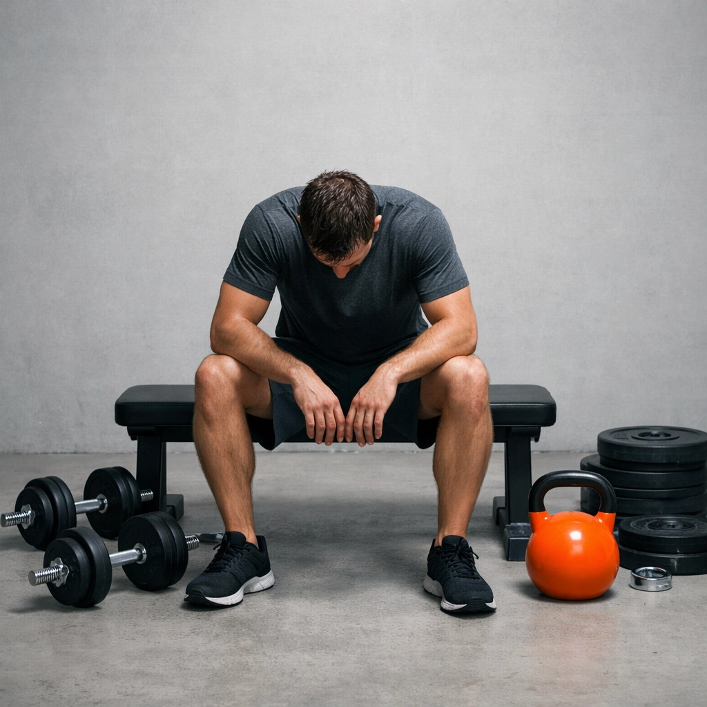 Exhausted athlete sitting on gym bench showing signs of overtraining and performance decline