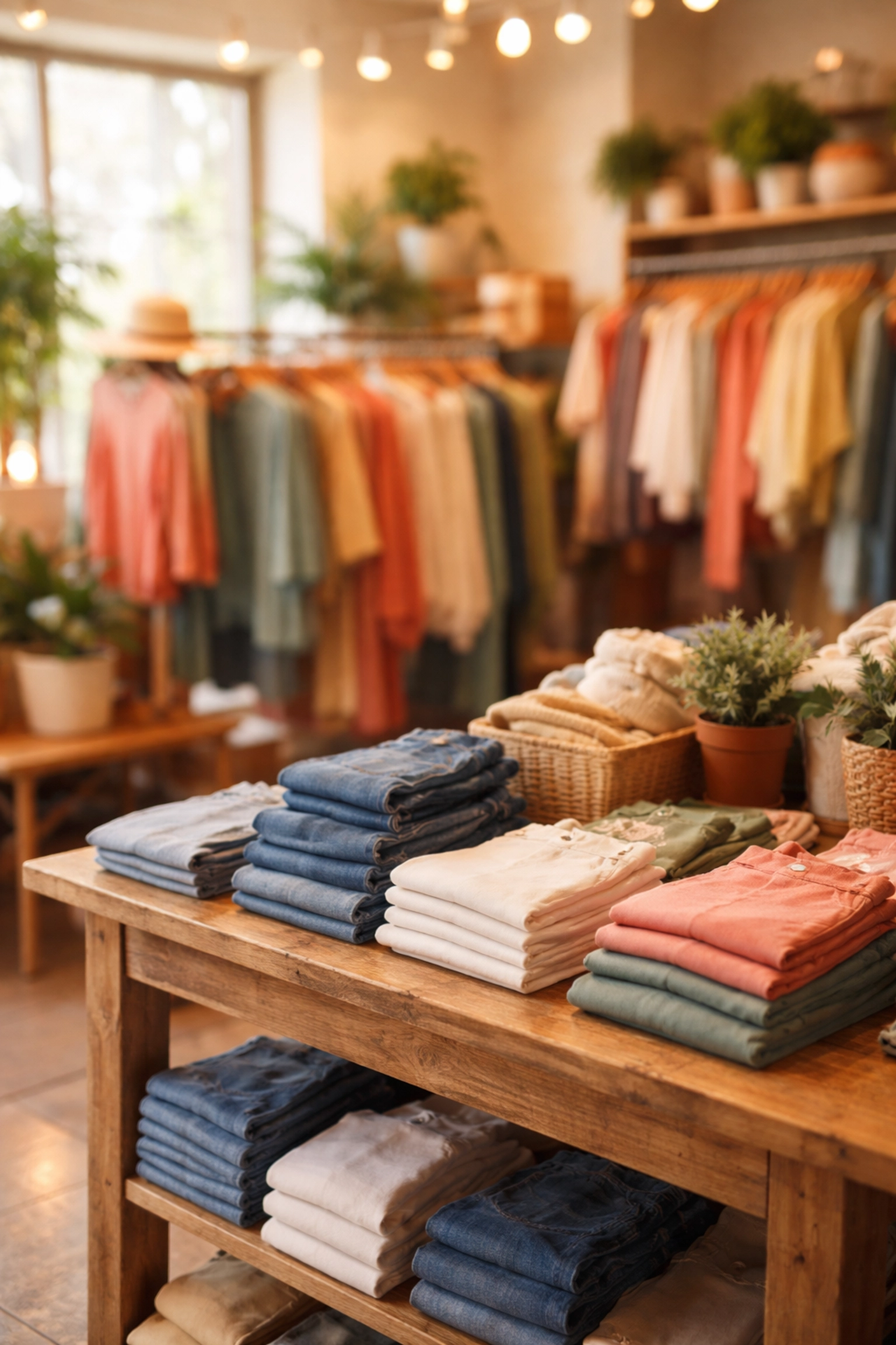 Inclusive clothing store interior with various sized jeans and tops, showcasing a welcoming environment for LGBTQ shoppers