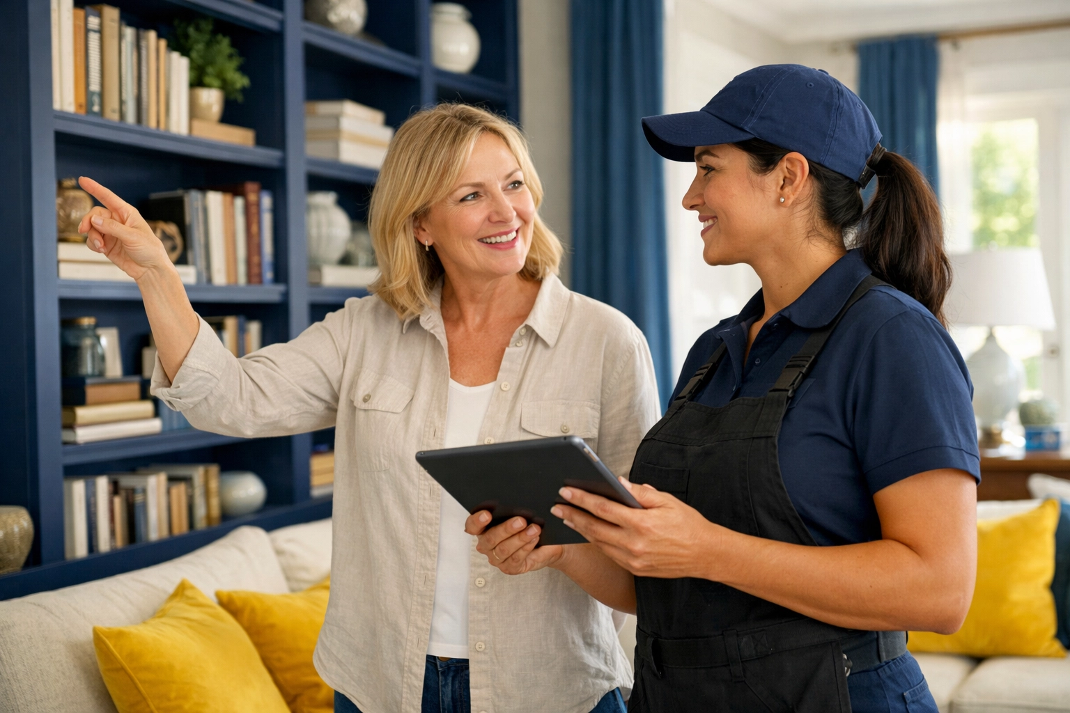Homeowner giving instructions to a professional cleaner from a cleaning services near me provider.