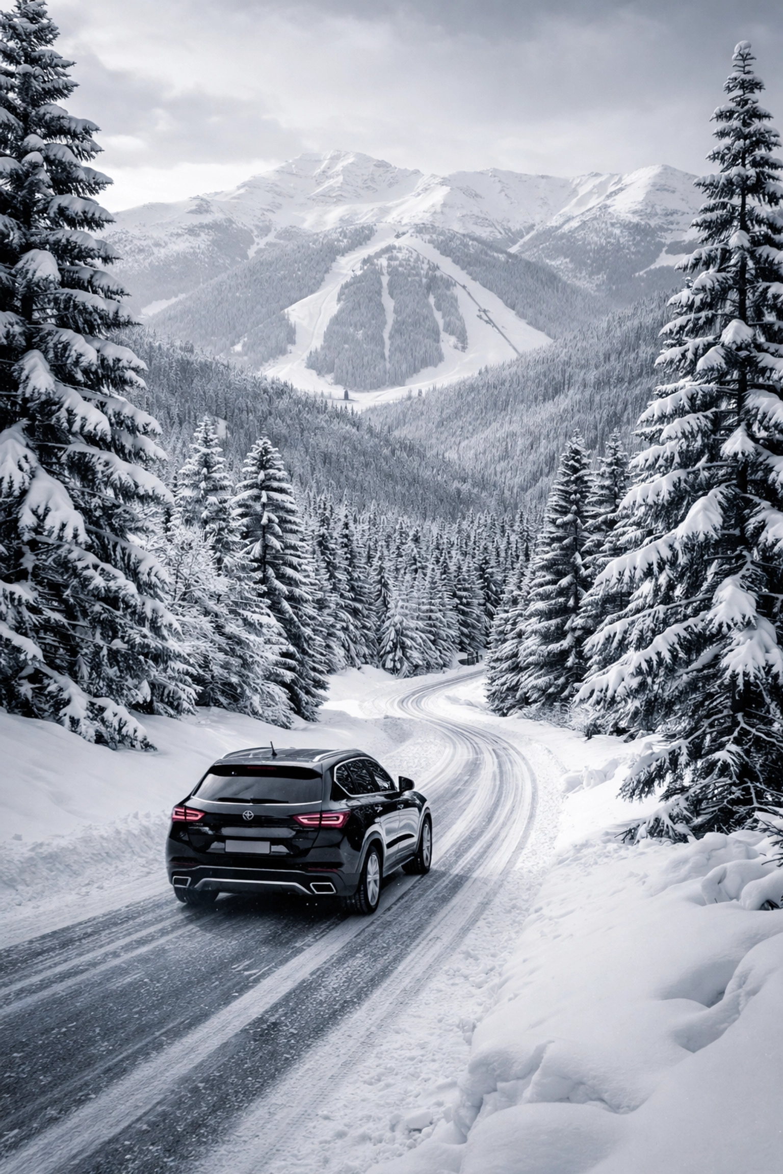 Black luxury vehicle travels snowy alpine road en route to winter sporting event venue