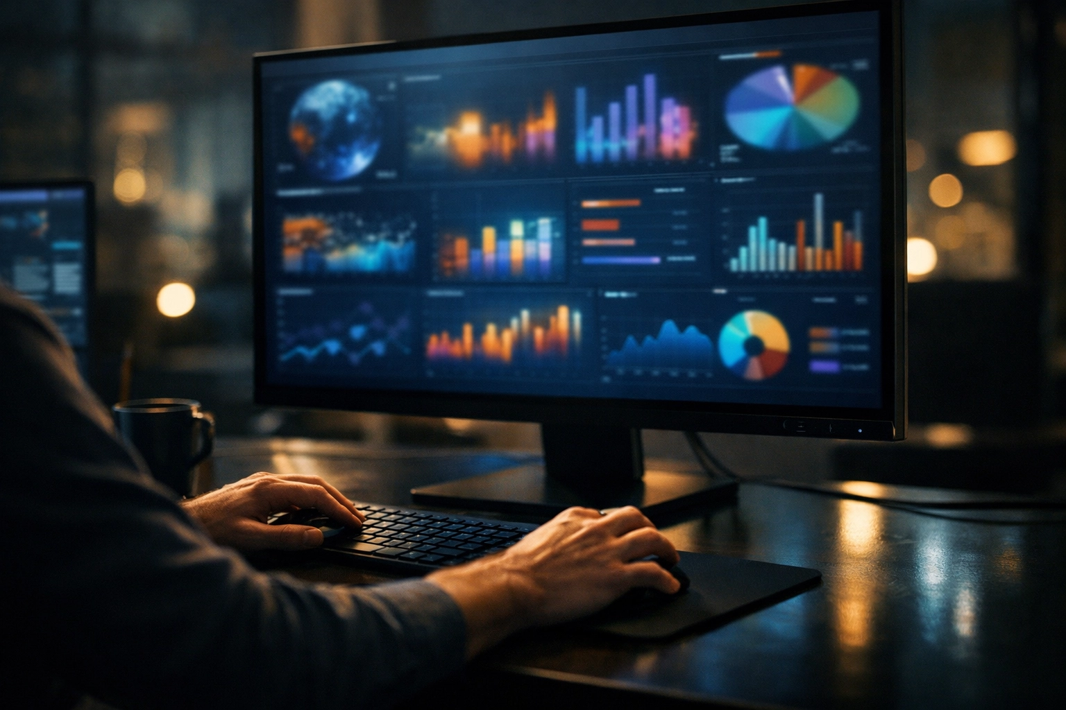 Cinematic realistic photo of an analyst reviewing AI search visibility on a monitor with abstract, unreadable UI and no text