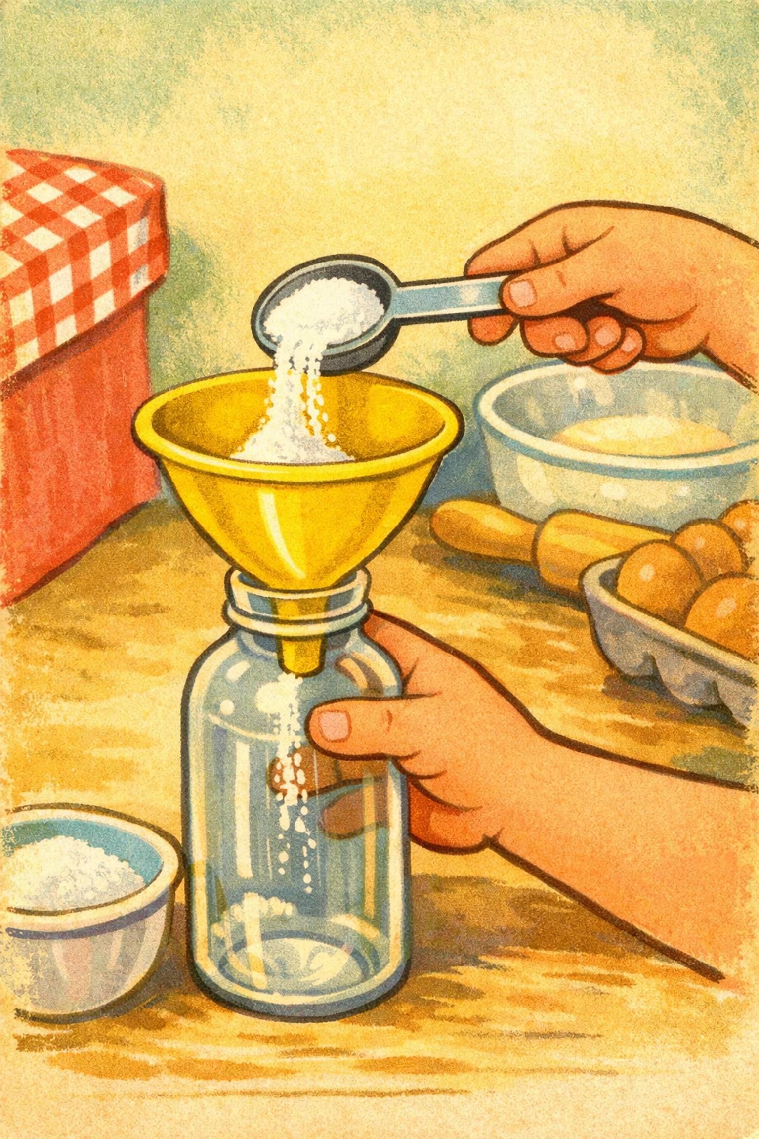 Pouring sugar into plastic bottle with funnel for yeast balloon science experiment