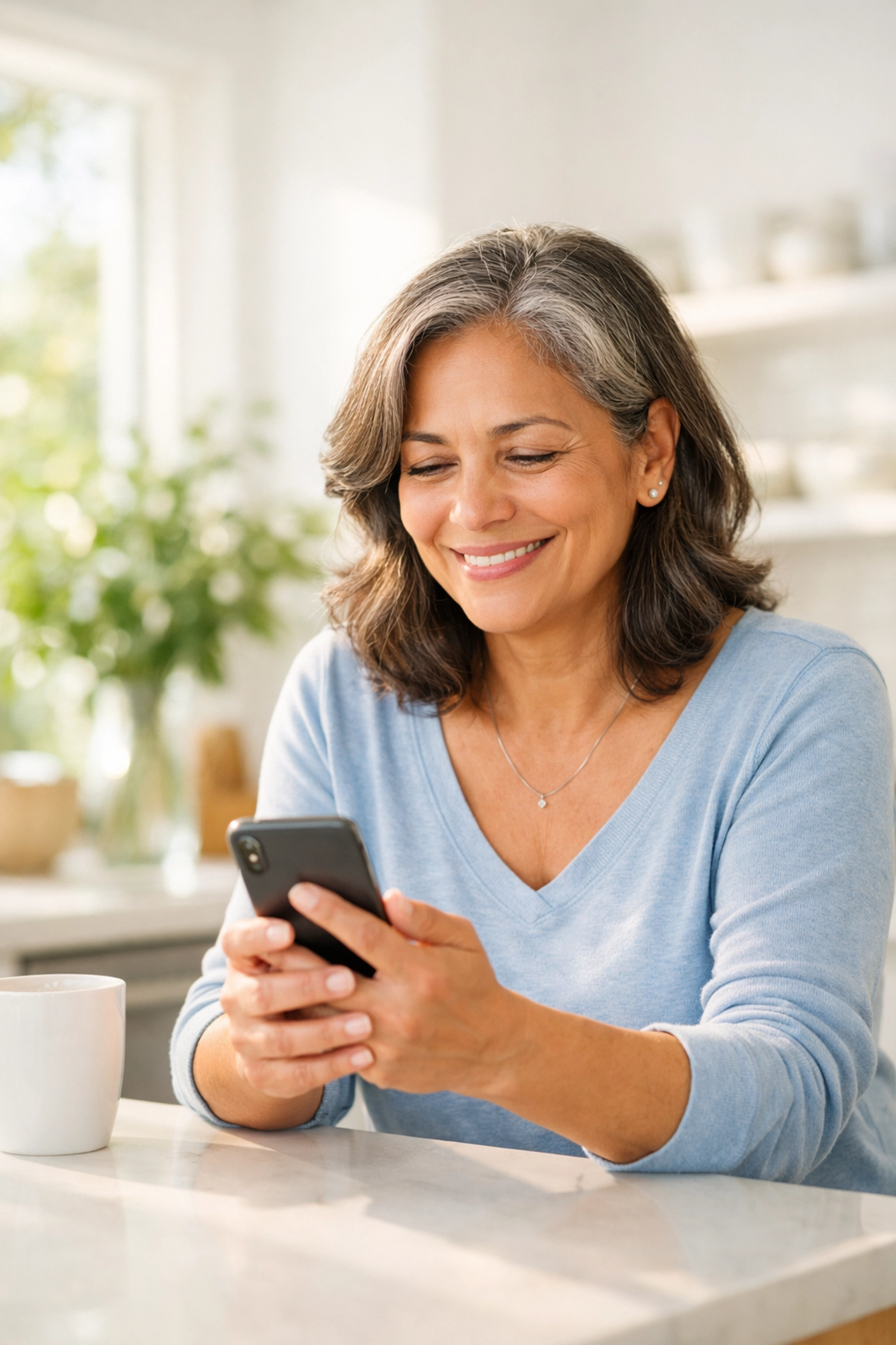 A woman in a bright kitchen smiling at her phone while exploring personalized Wegovy alternatives.