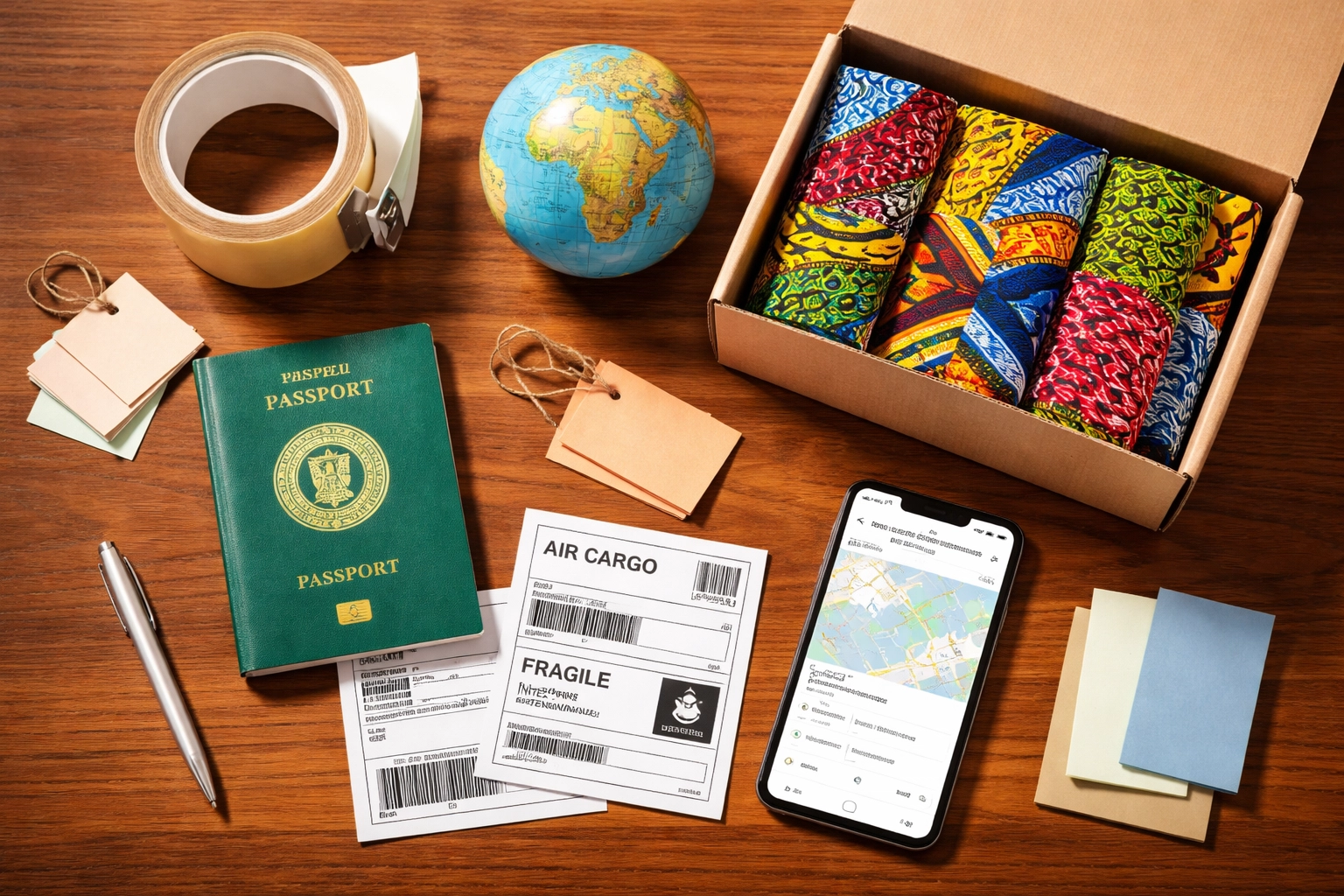 Flat lay of air freight essentials for shipping from Houston to Nigeria, including passport and tracking app