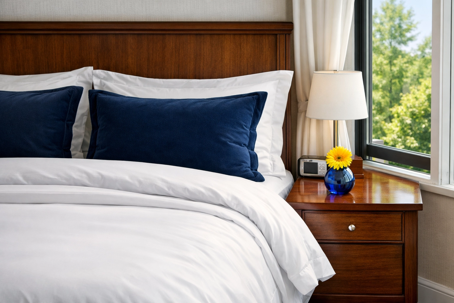 Pristine luxury bedroom with clean air and dust-free surfaces promoting better health and deep sleep.