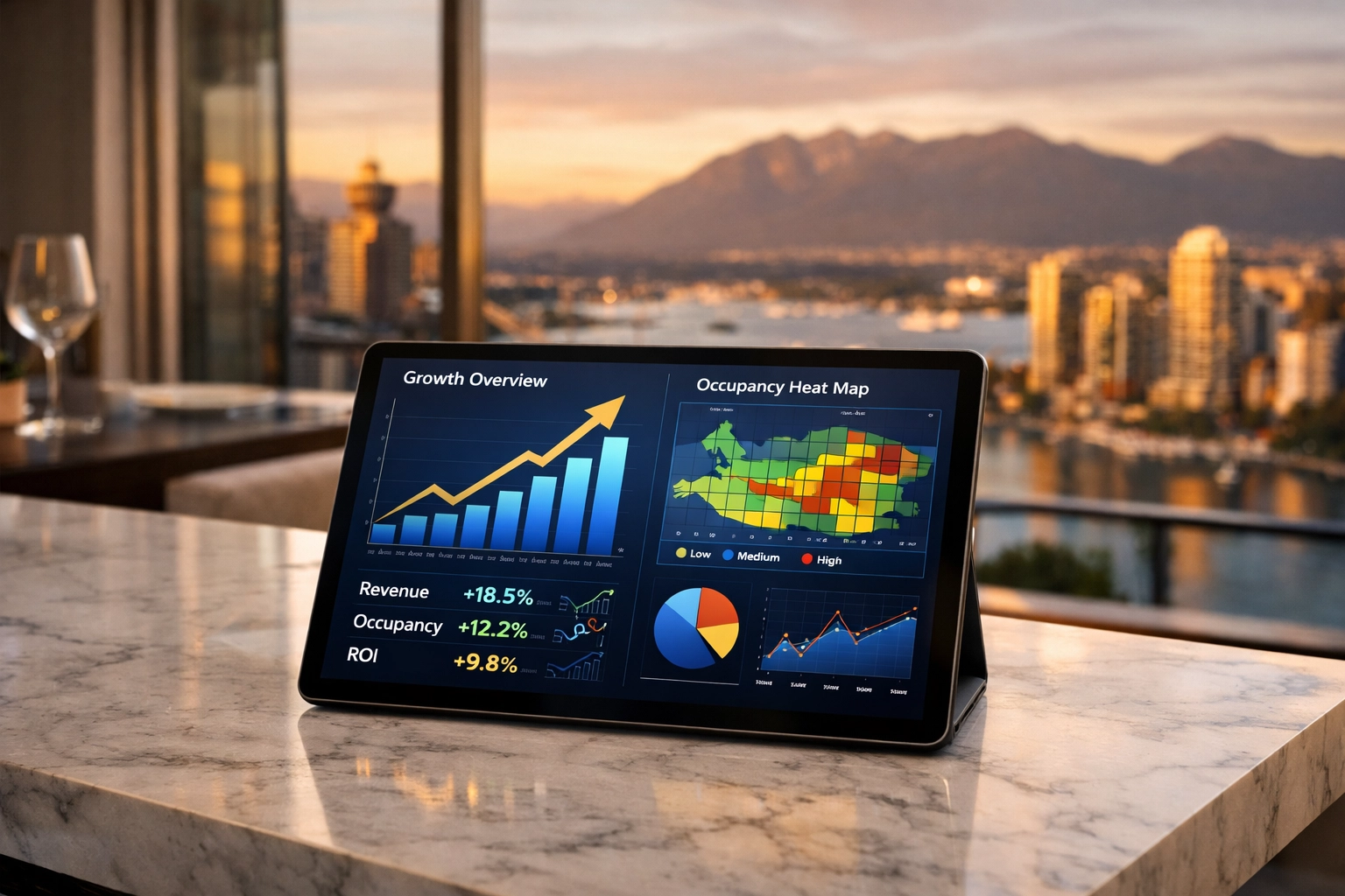 Modern tablet in a Vancouver penthouse showing airbnb management revenue and dynamic pricing data.