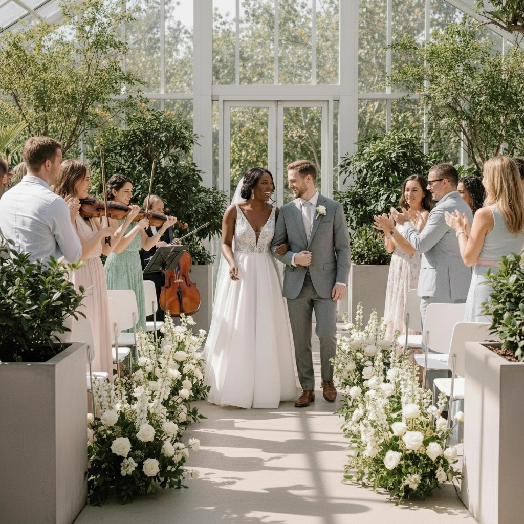 Couple getting surprised by the bridesmaids and band on their recessional brought to you by wedding DJ in Houston, Texas