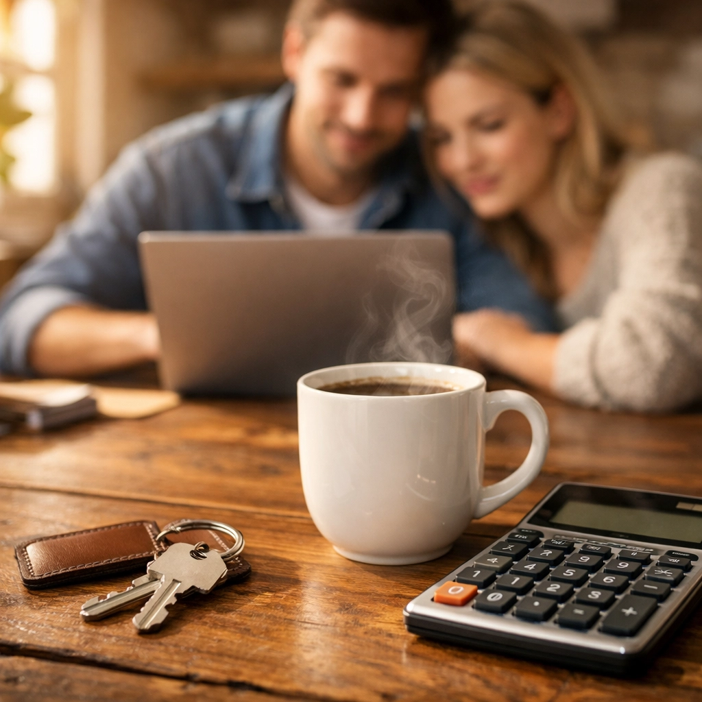 Couple calculating home closing costs and monthly payments at a kitchen table.