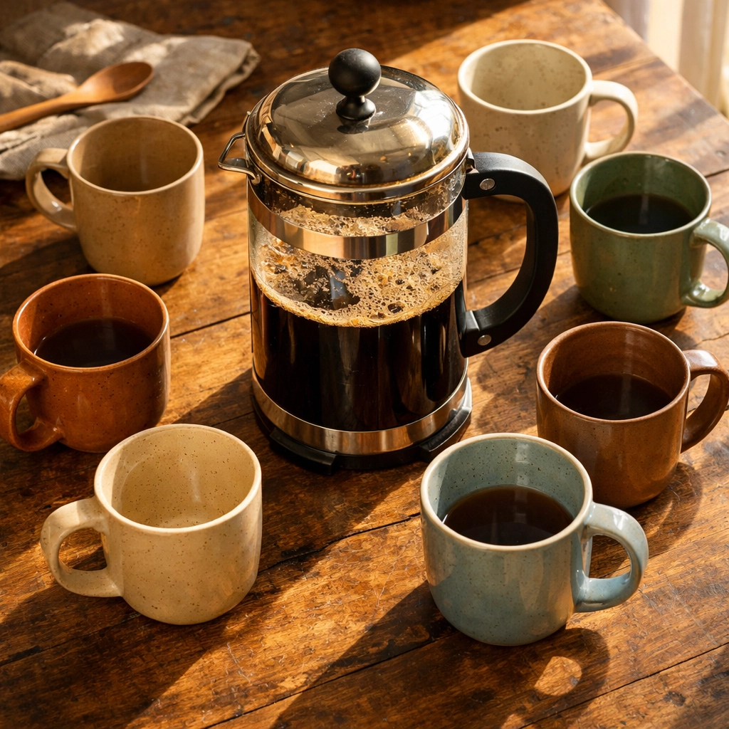 Large French press with ceramic mugs on kitchen table for family batch coffee brewing