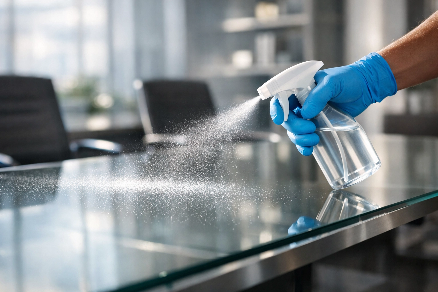 Commercial cleaner applying Virakill antimicrobial coating to protect office surfaces from germs.