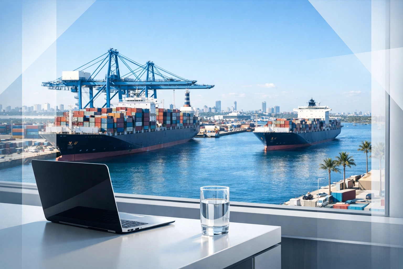 Modern executive office overlooking a Florida shipping terminal for strategic e-commerce fulfillment.