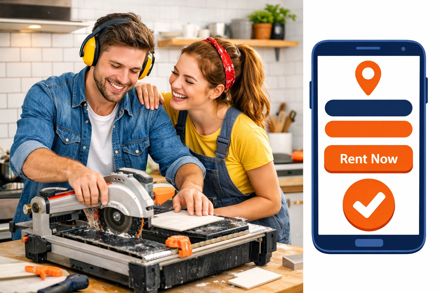 Young couple using a rented professional wet tile saw for a modern kitchen backsplash DIY project.