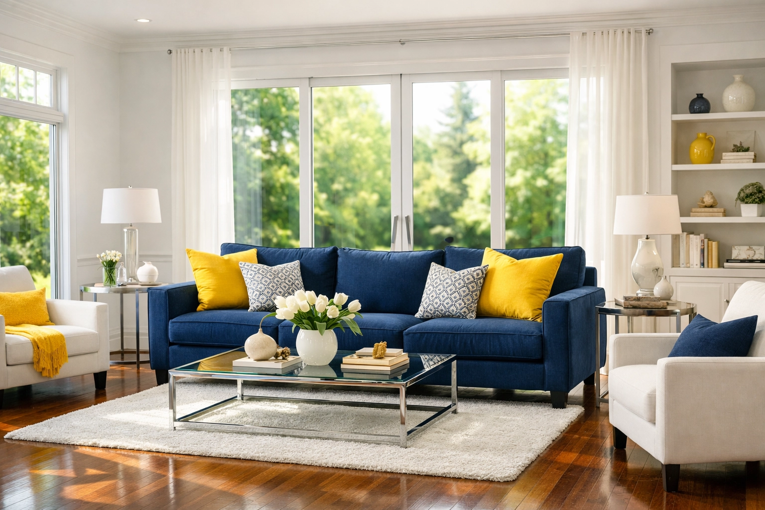Sun-drenched living room with polished floors after a weekly house cleaning in Maynard.