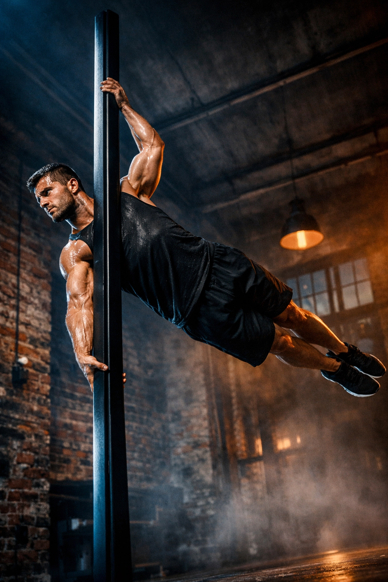 Professional athlete performing a human flag on a floor to ceiling gym rail for core strength.