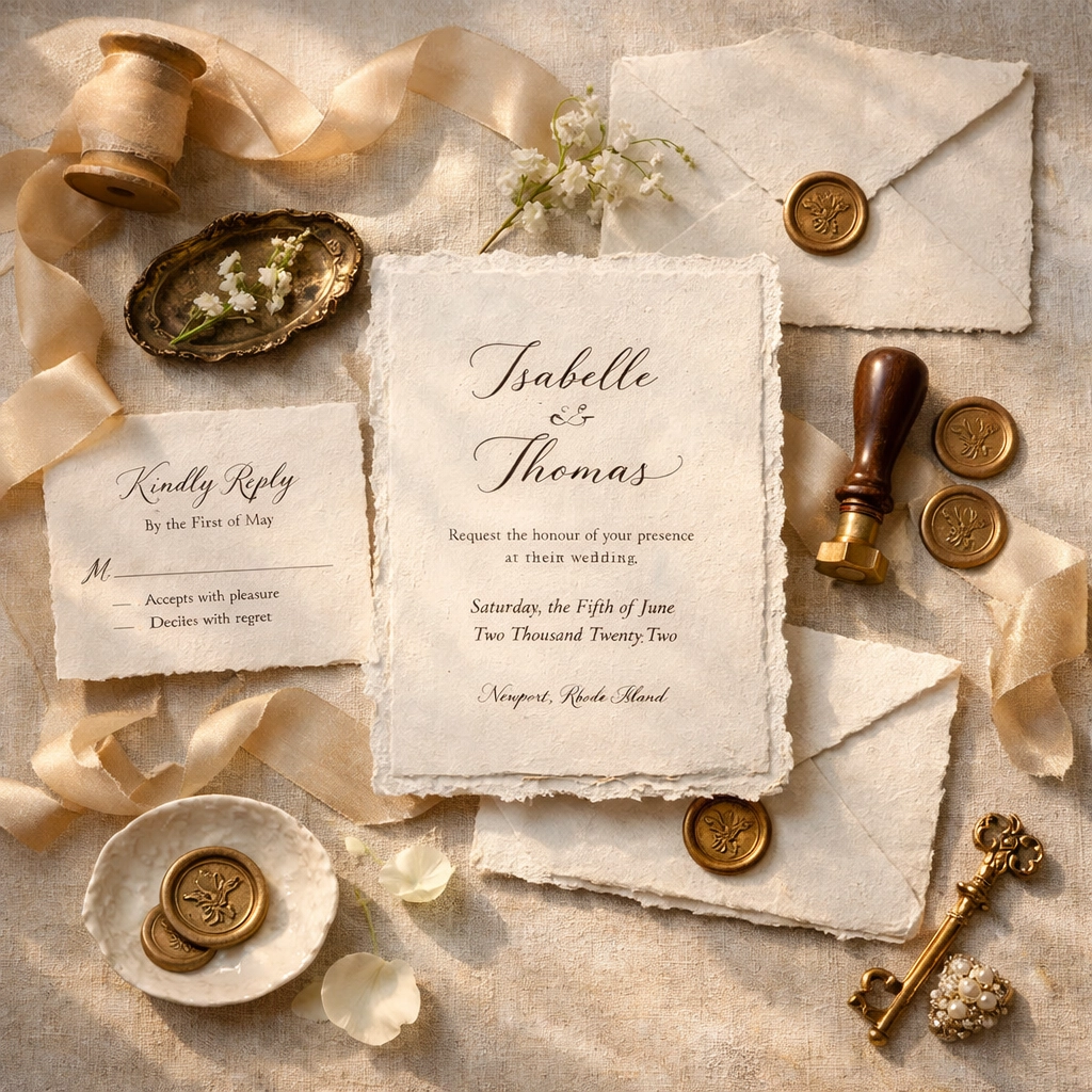 Traditional paper wedding invitation suite with wax seals, representing high-cost wedding planning methods.