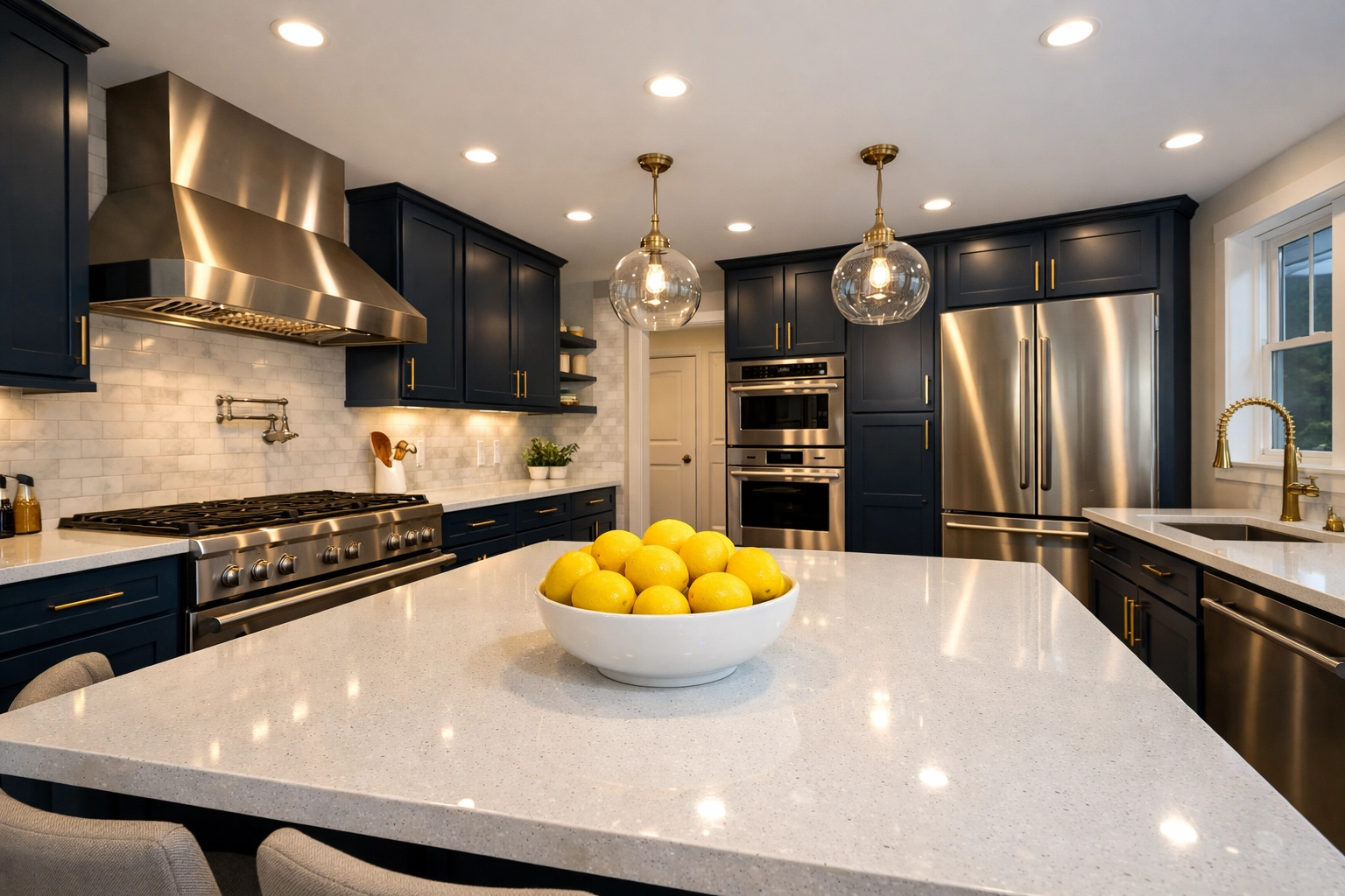 A spotless gourmet kitchen in Maynard featuring sparkling quartz countertops and clean appliances.