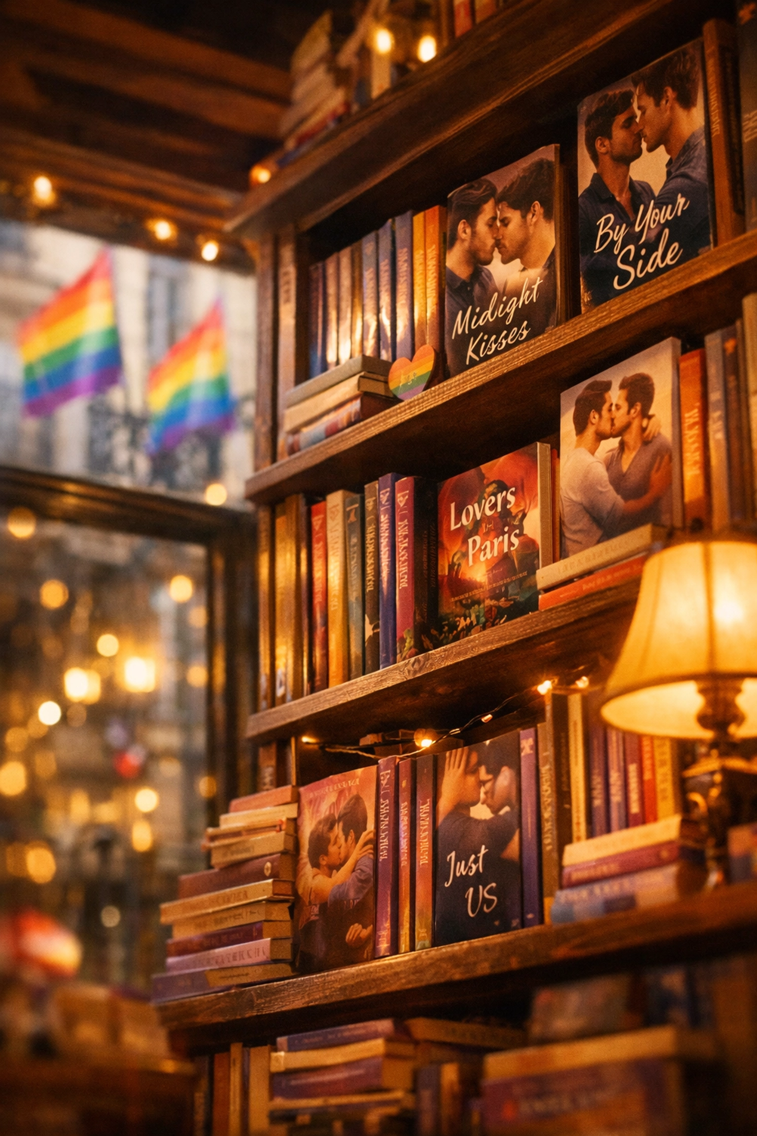 LGBTQ+ bookshop in Le Marais, Paris with rainbow flags and gay romance novels on shelves