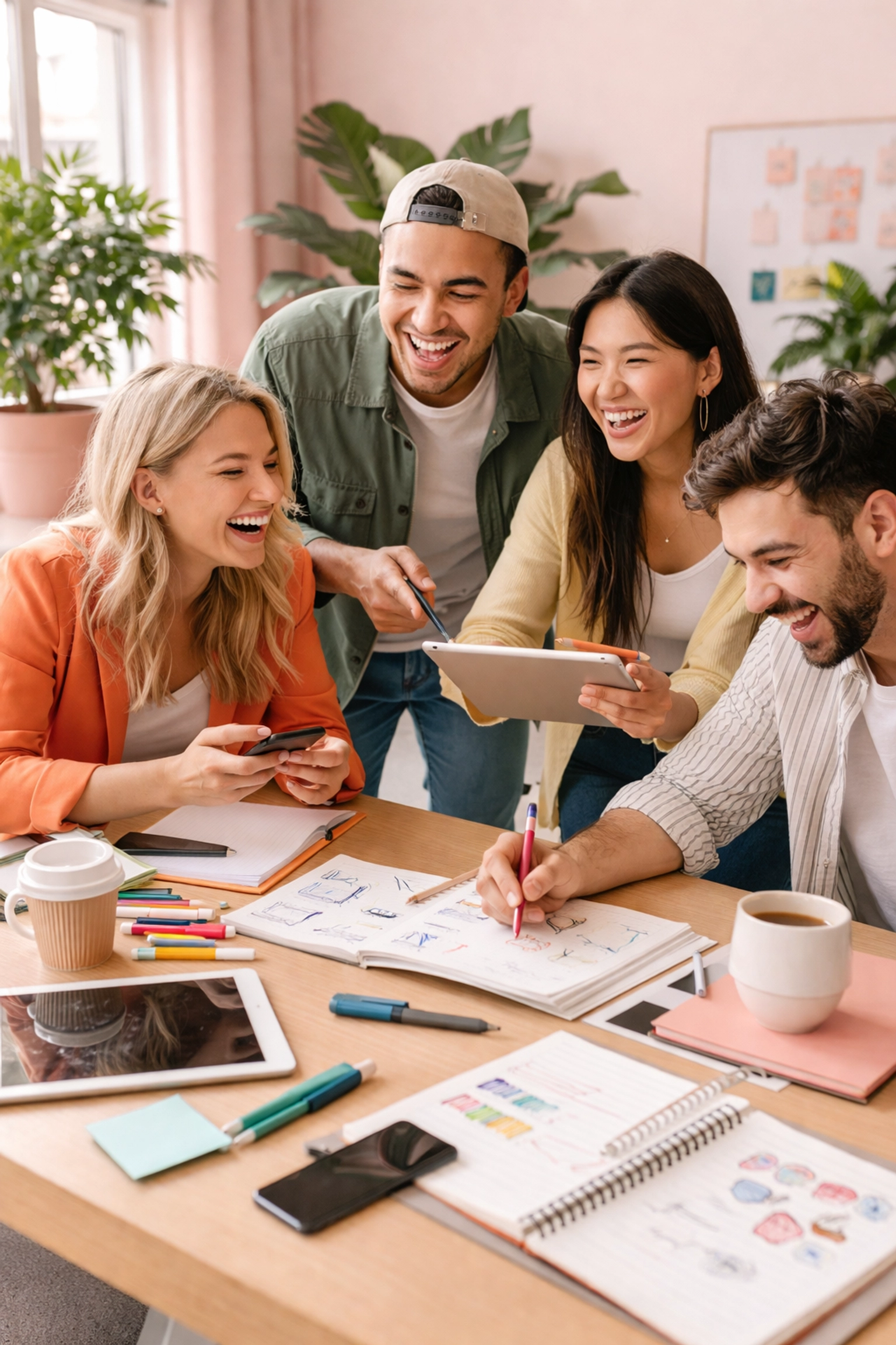 Creative team brainstorming vibrant social media ideas in a friendly, naturally lit office.