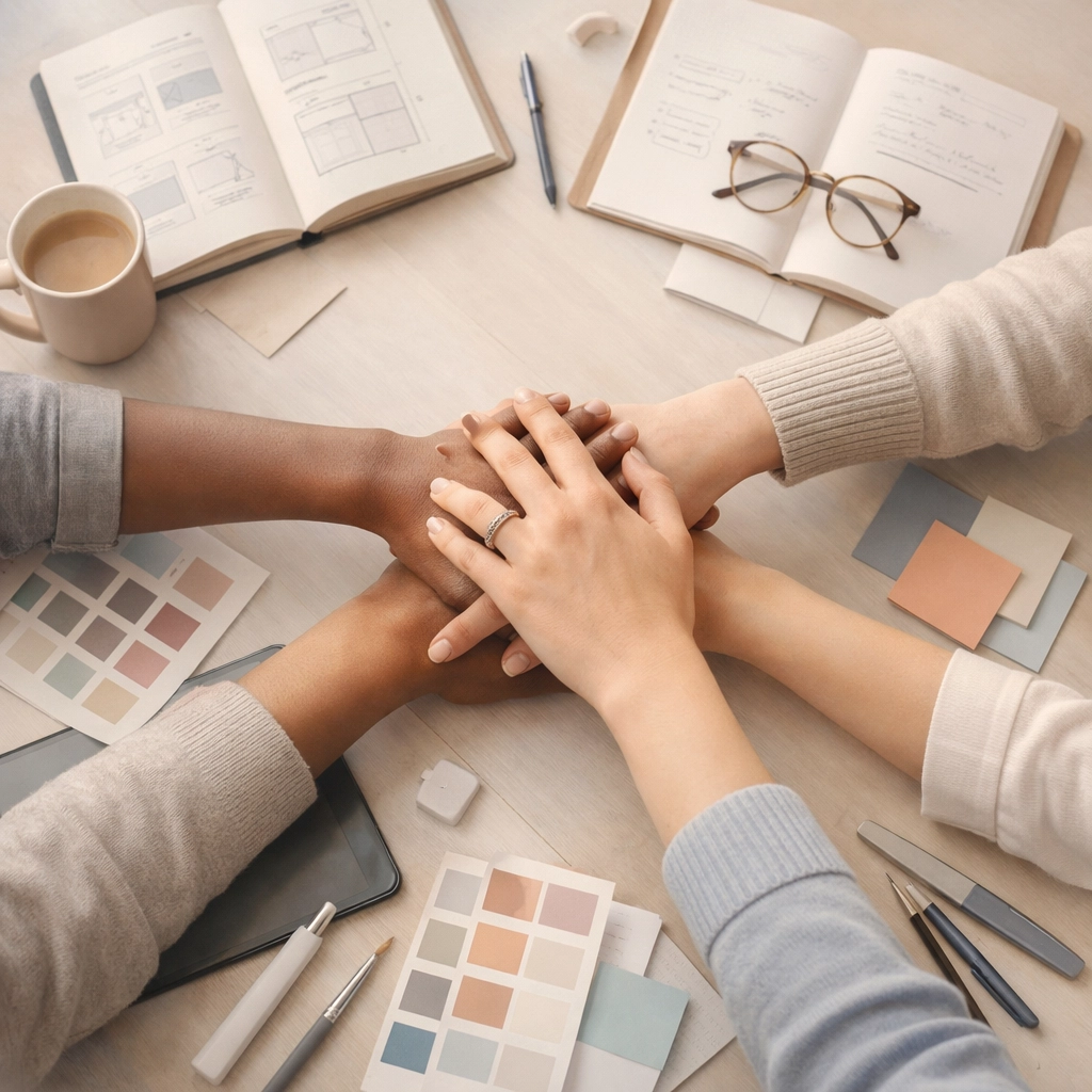 Diverse hands collaborating on creative marketing materials in inclusive workspace