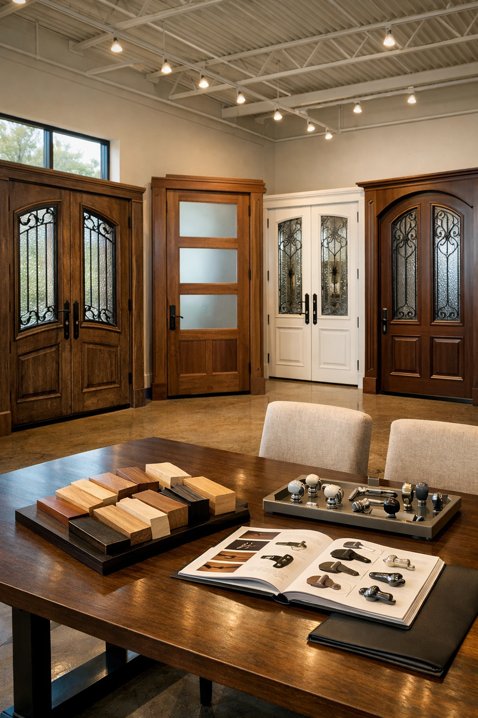 Millwork showroom in NJ featuring custom door displays and architectural material samples.