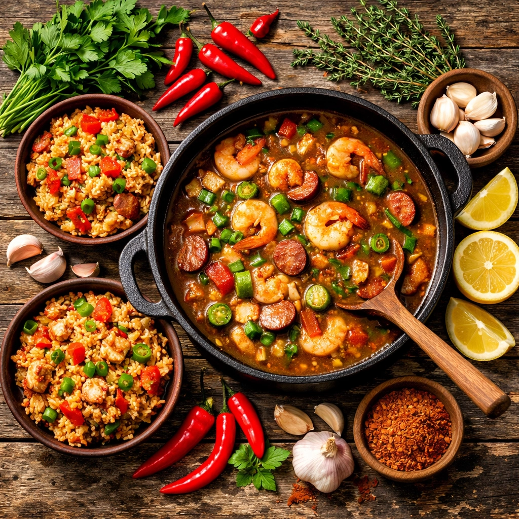 Creole gumbo and jambalaya with fresh herbs, peppers, and Louisiana seasonings