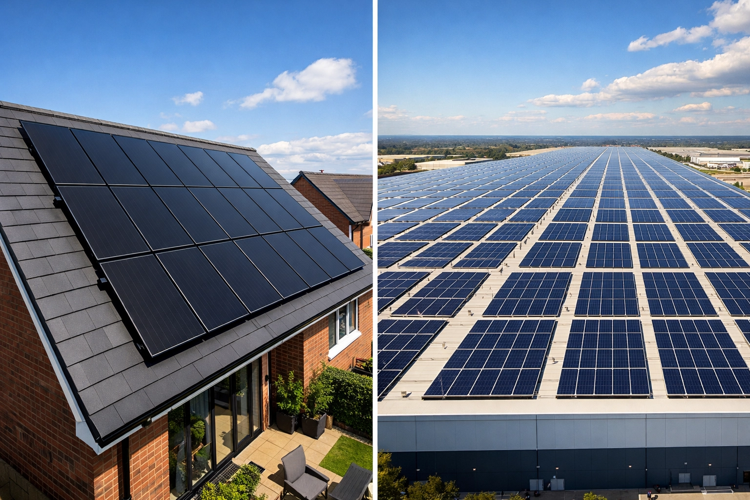 Comparison of residential solar panels on UK home vs large commercial solar panel installation on warehouse